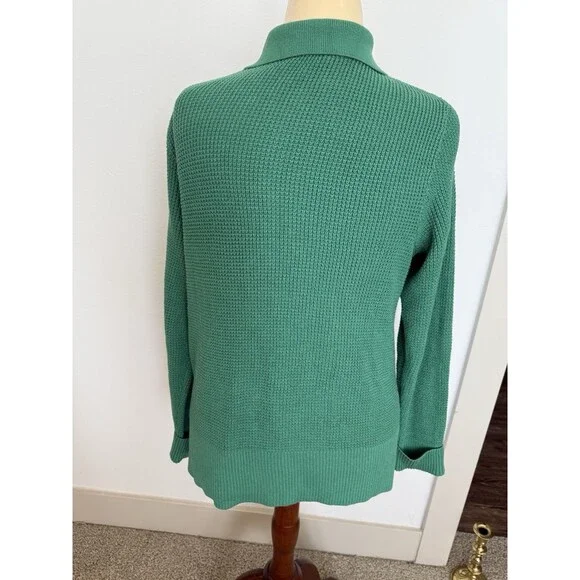 J. Jill Green Waffle Knit Collared Button Up Classic Cardigan Women's Size Med. - Picture 2 of 16